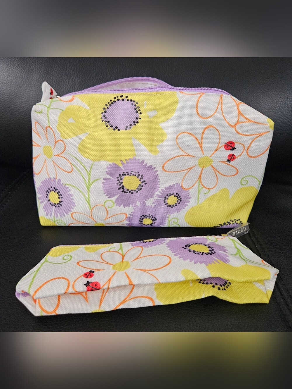 Clinique Floral Cosmetic Bag Set with Purple & Yellow Flowers Nwot